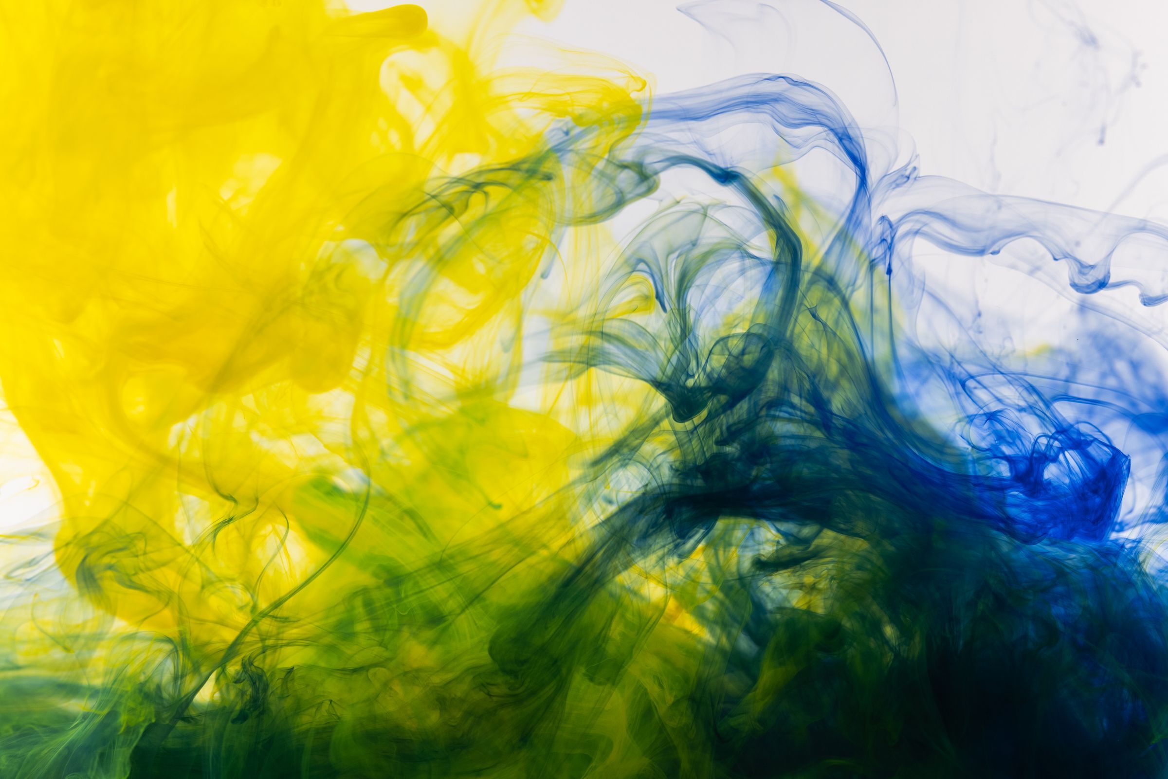 Yellow and blue ink meeting underwater